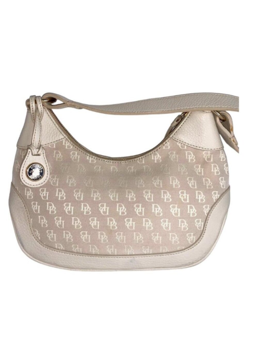 Dooney & Bourke Signature DB Canvas Hobo Shoulder Bag Beige Ivory Leather Trim
